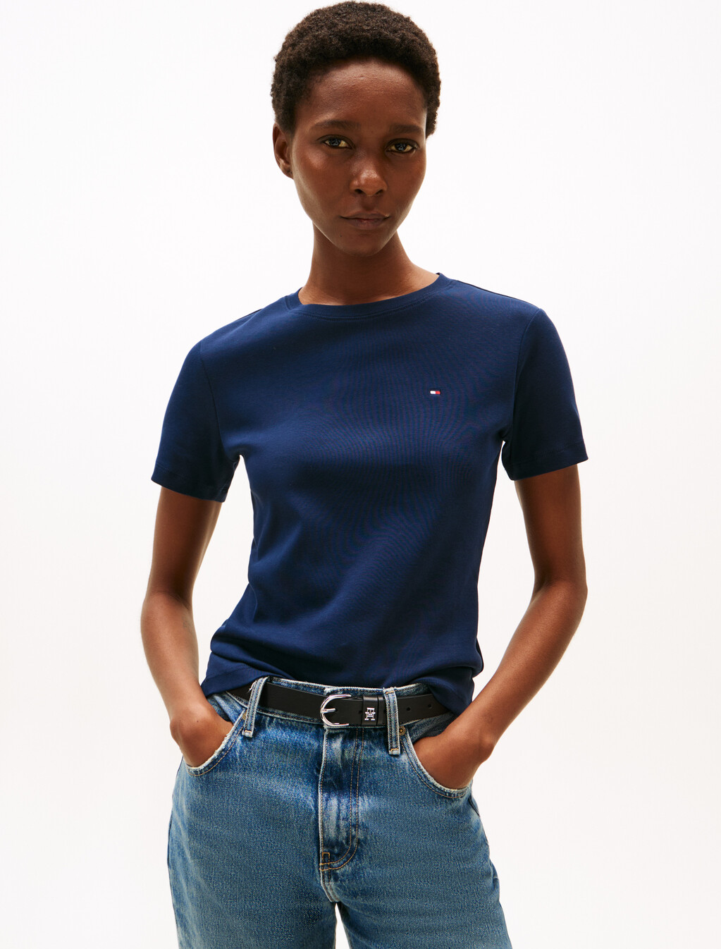 Flag Embroidery Ribbed Slim T-Shirt, Dark Night Navy, hi-res