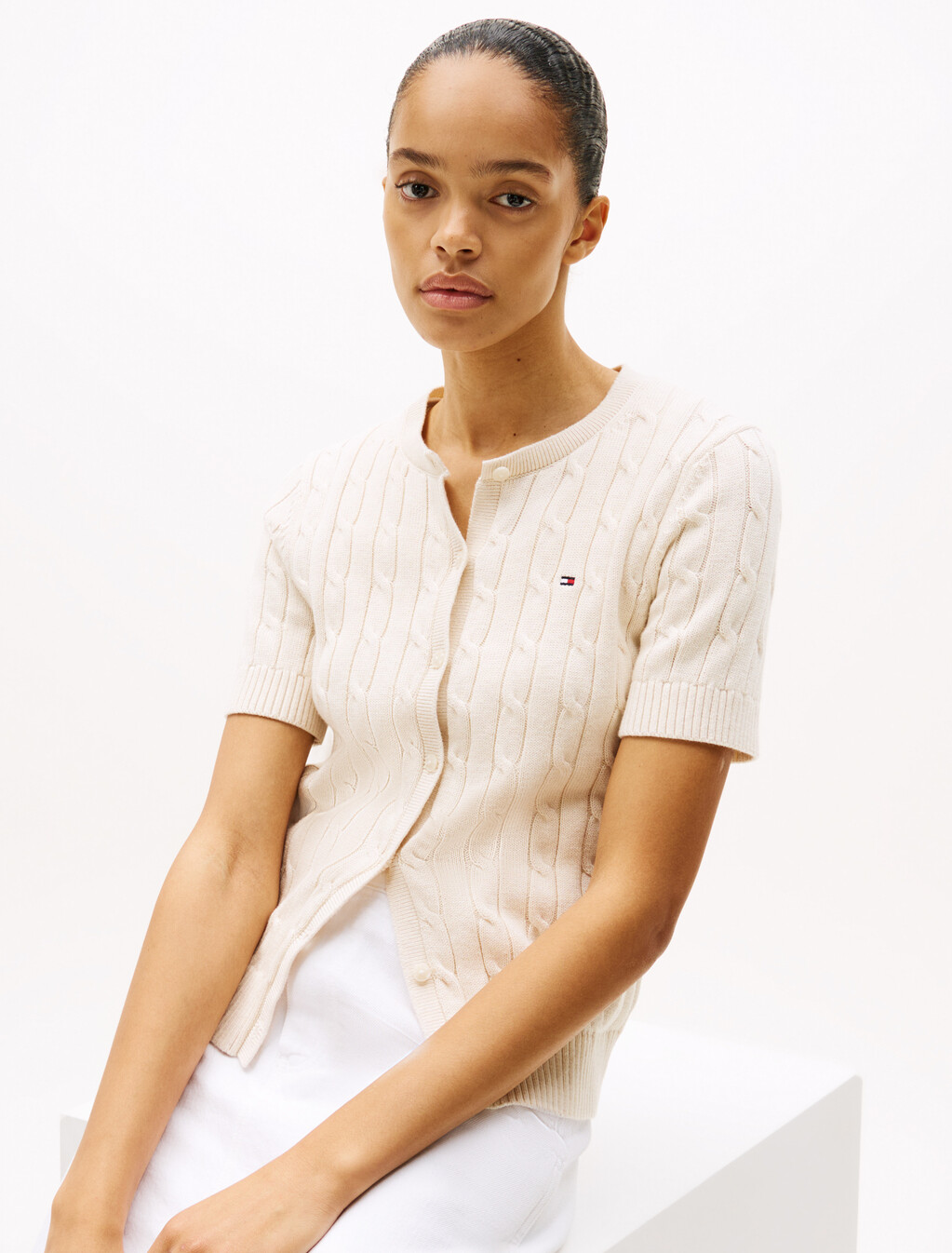 Cable Knit Short Sleeve Cardigan, Heather Ivory Petal, hi-res