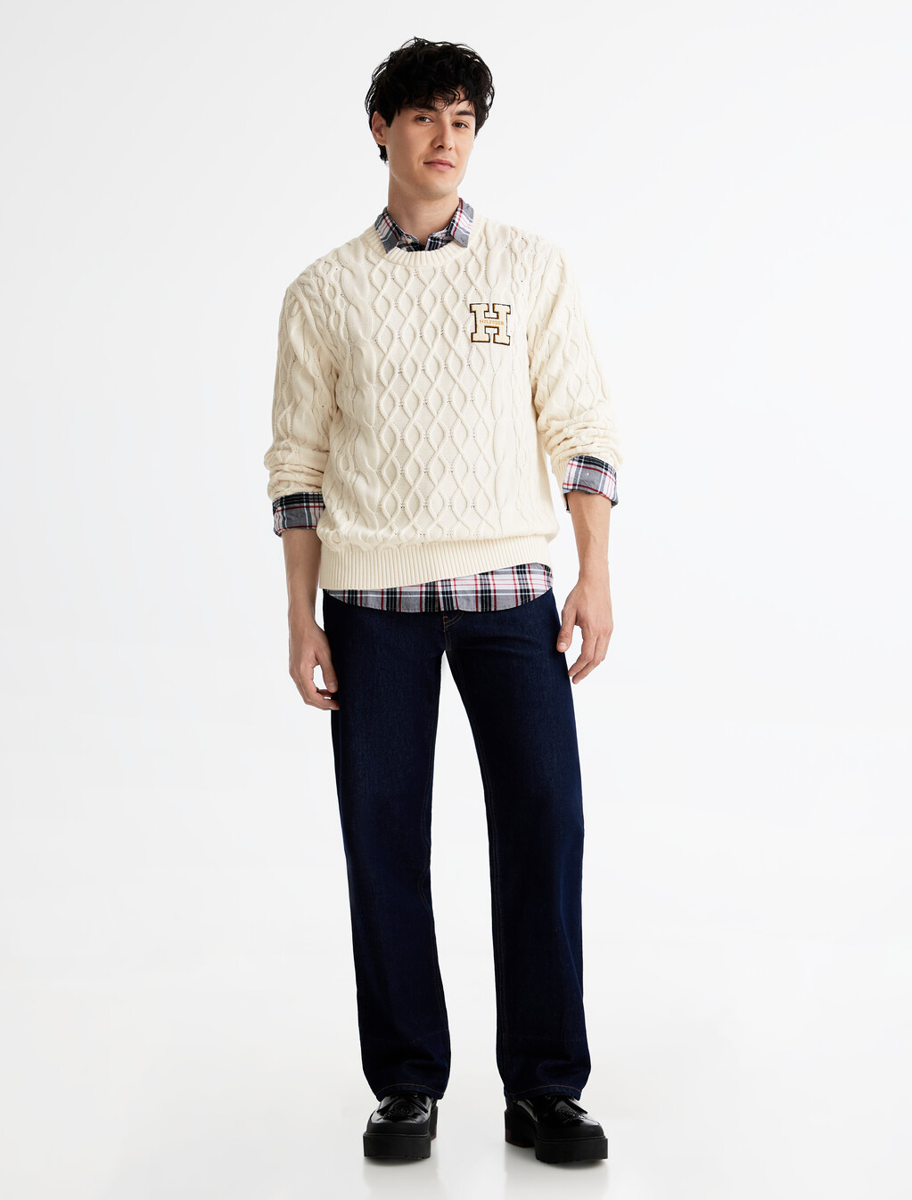 Cable Knit Letterman Applique Sweater, Ivory Petal, hi-res