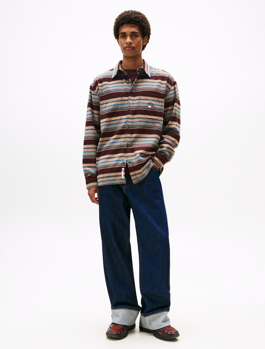 Oversized Fit Brushed Flannel Overshirt, Rich Brown / Horizontal Stripes, hi-res