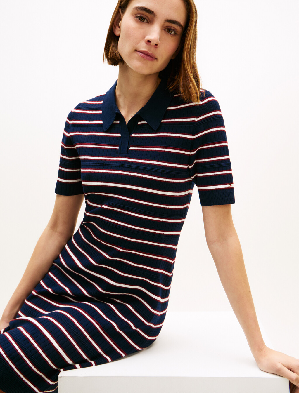 Asia Fit Knitted Fit & Flare Polo Dress, Preppy Stripe Dark Night Navy, hi-res
