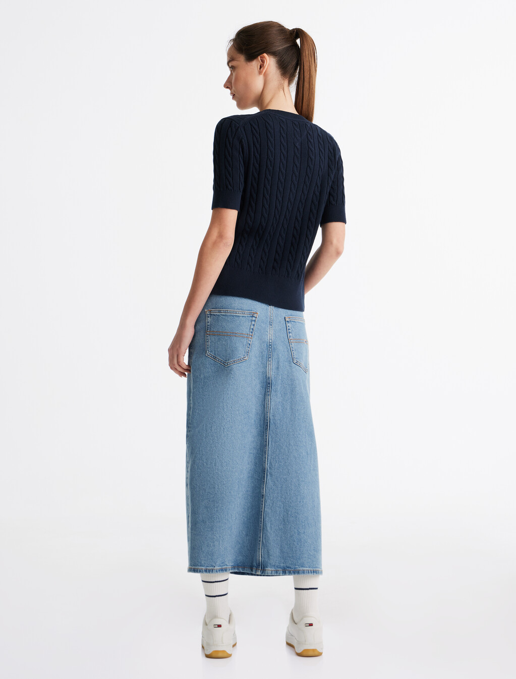 Cable Knit Short Sleeve Cardigan, Dark Night Navy, hi-res