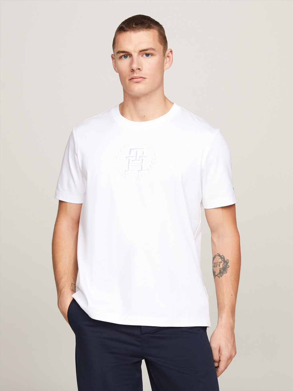 Archive Crest Logo Tonal Embroidery T-Shirt, White, hi-res
