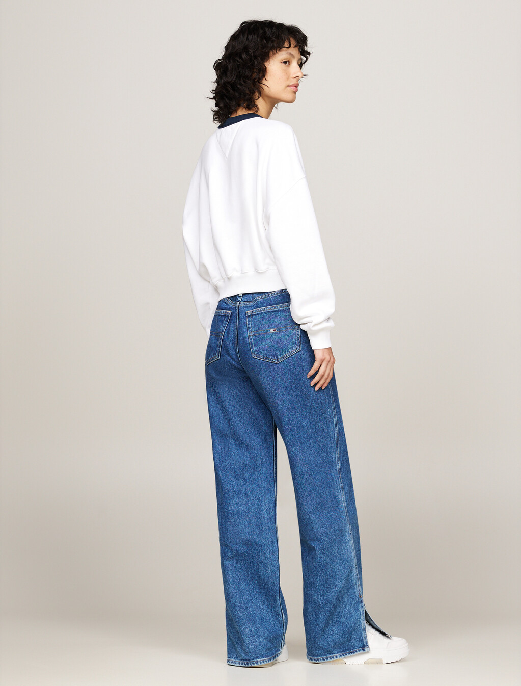Oversized Cropped Contrast Neckline Sweatshirt, White, hi-res