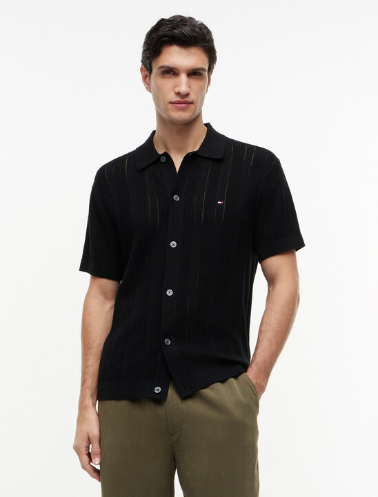 Relaxed Pointelle Short Sleeve Shirt With Linen