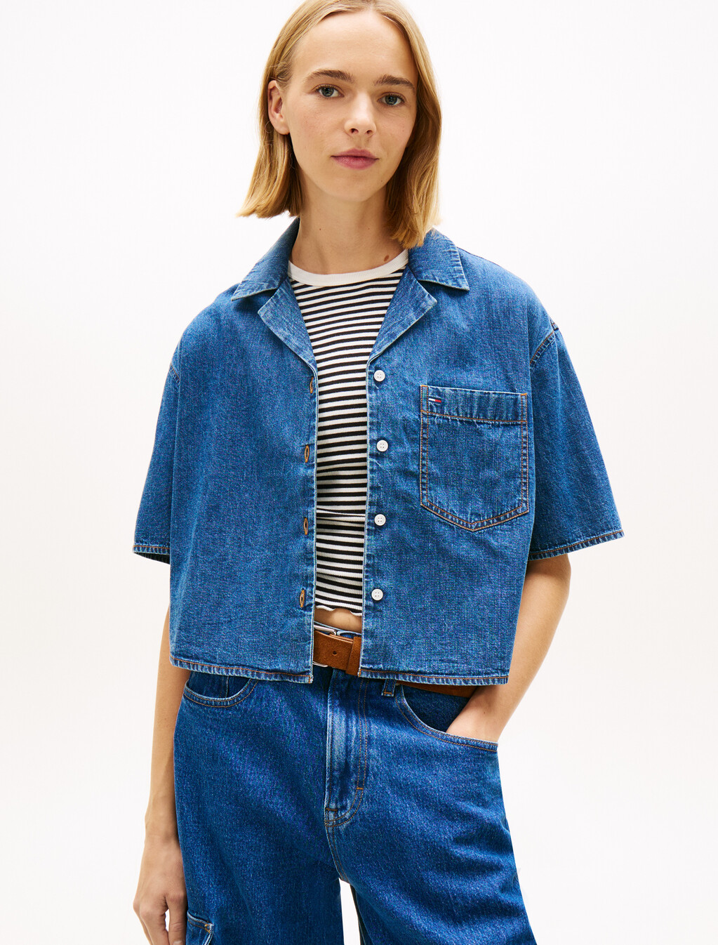Relaxed Fit Chambray Cropped Shirt, Denim Medium, hi-res