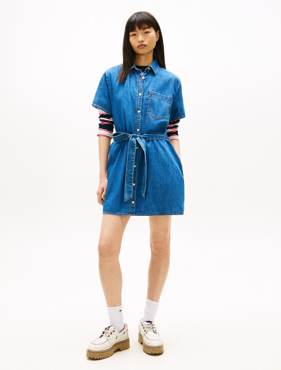 Chambray Belted Mini Shirt Dress