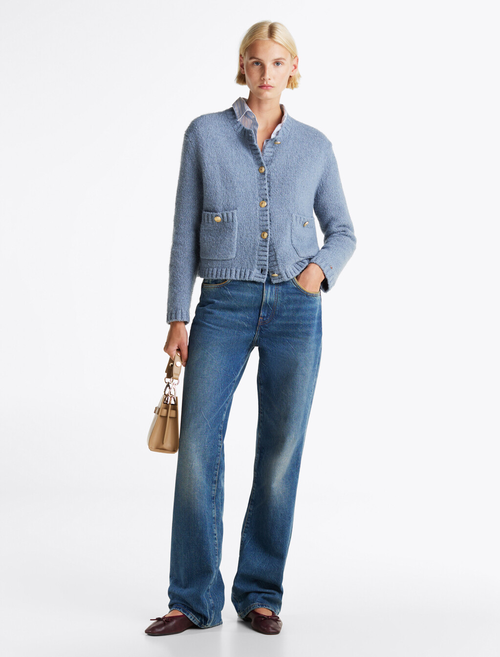 Gold-Tone Button Textured Cardigan, Flint Blue, hi-res
