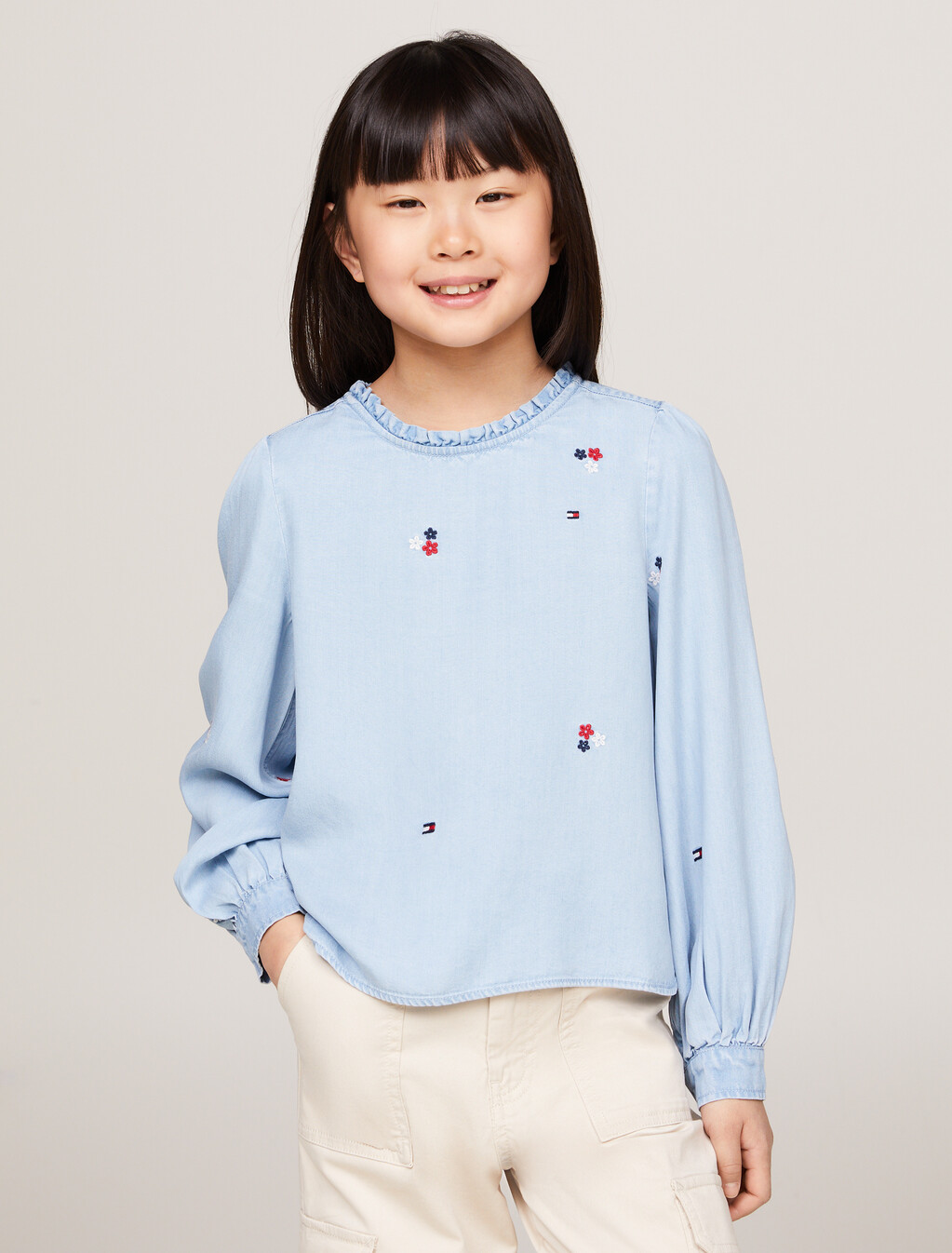 花朵刺繡青年布襯衫, Denim Medium, hi-res