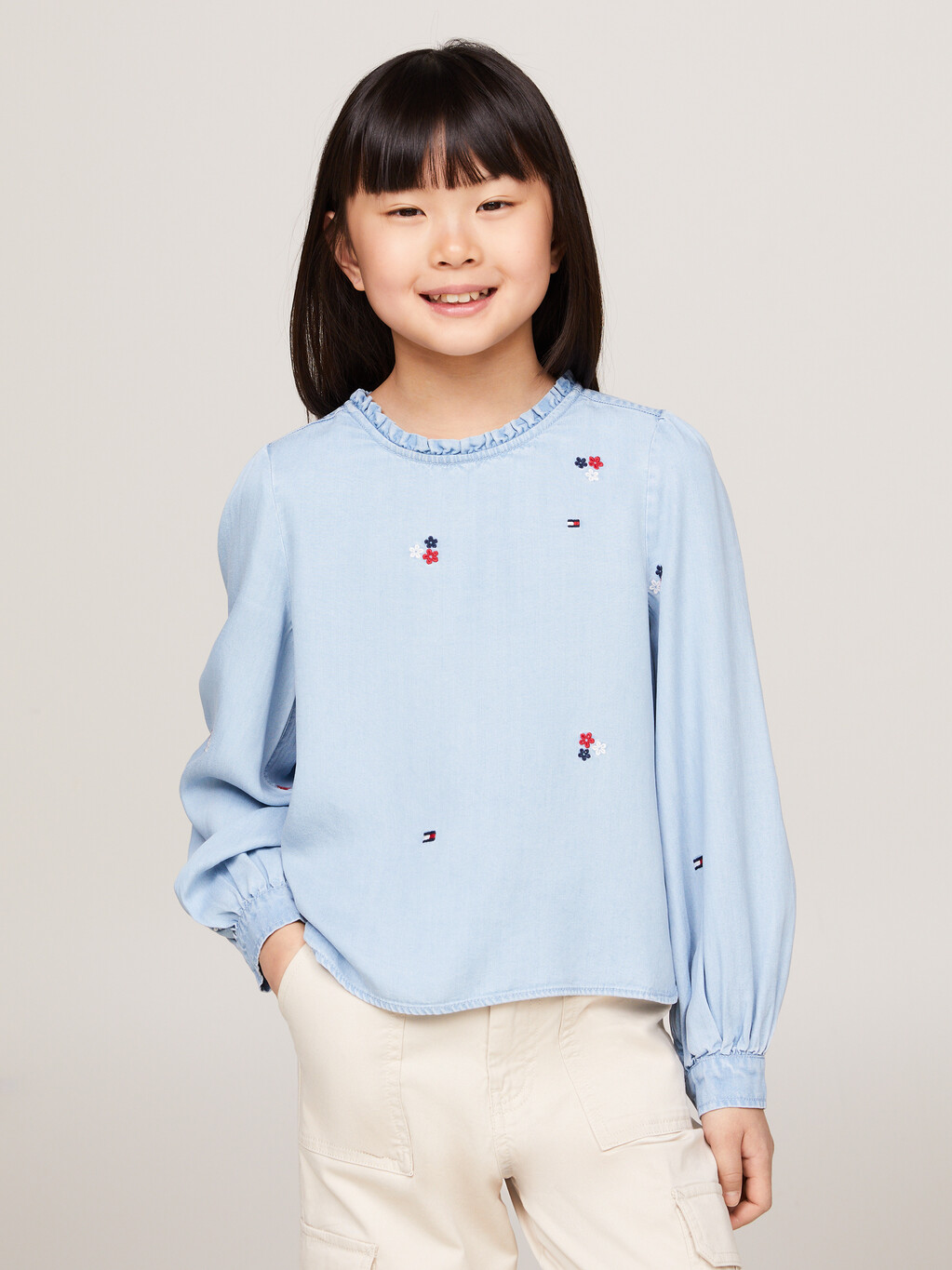 Floral Embroidery Chambray Blouse, Denim Medium, hi-res