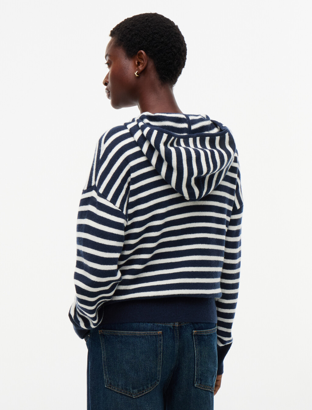 Pure Wool Slim Zip-Thru Hooded Jumper, Stripe Dark Blue / Ecru, hi-res