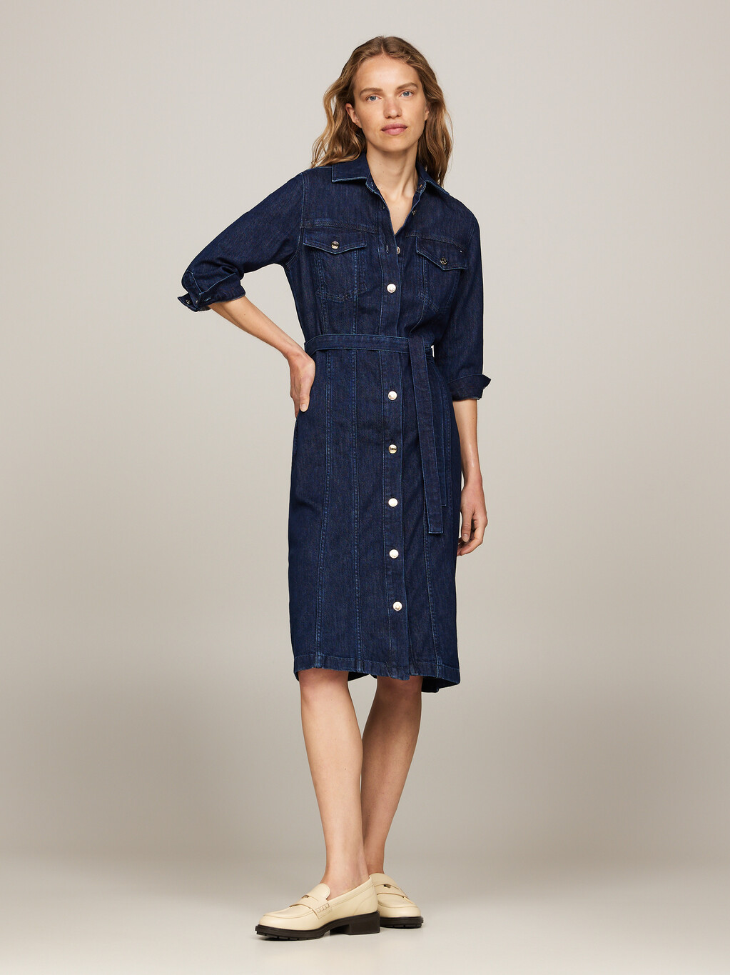 Belted Denim Midi Dress, Cler, hi-res