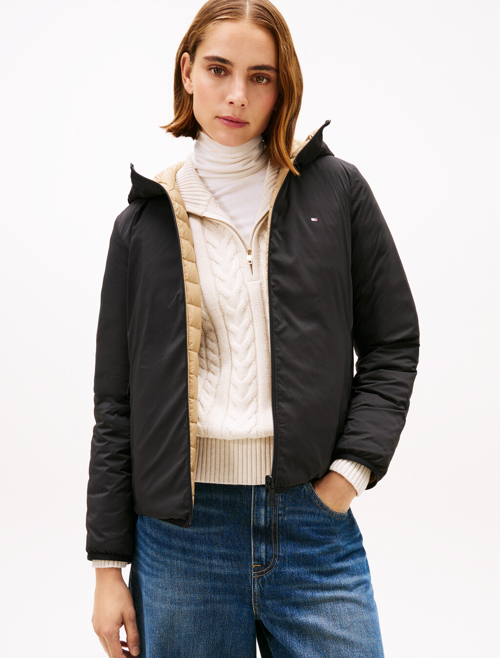 彈性尼龍輕盈羽絨雙面外套, Black, hi-res