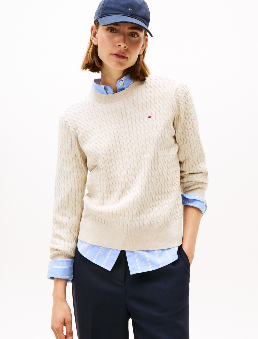 Fine Cable Knit Crew Neck Jumper, Htr Oatmeal Gs Tipping, hi-res