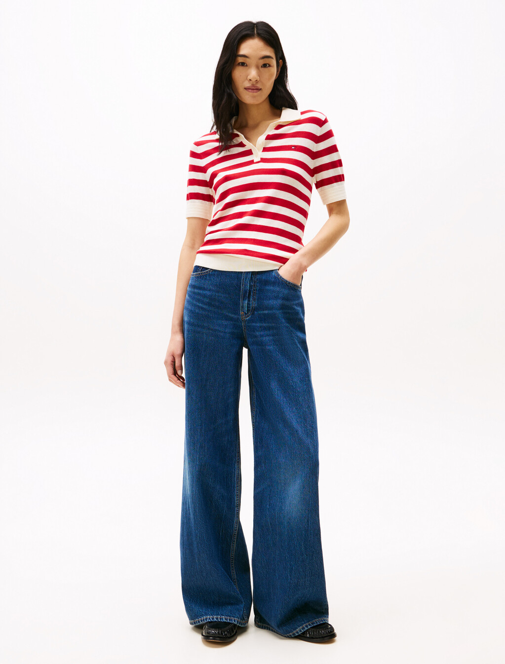 Short Sleeve Polo Collar Jumper, White Stripe 10, hi-res