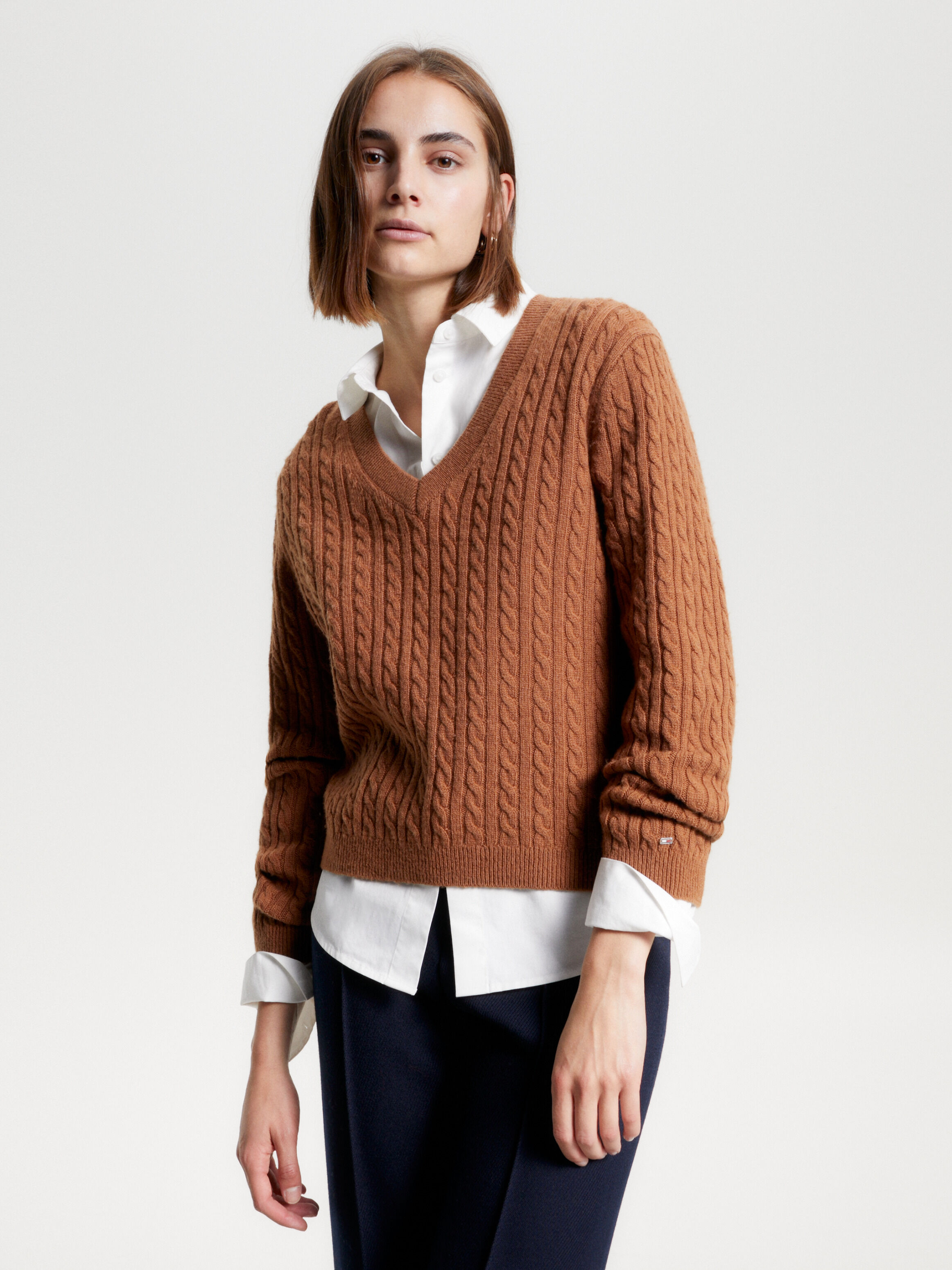 Wool Cable Knit V Neck Jumper