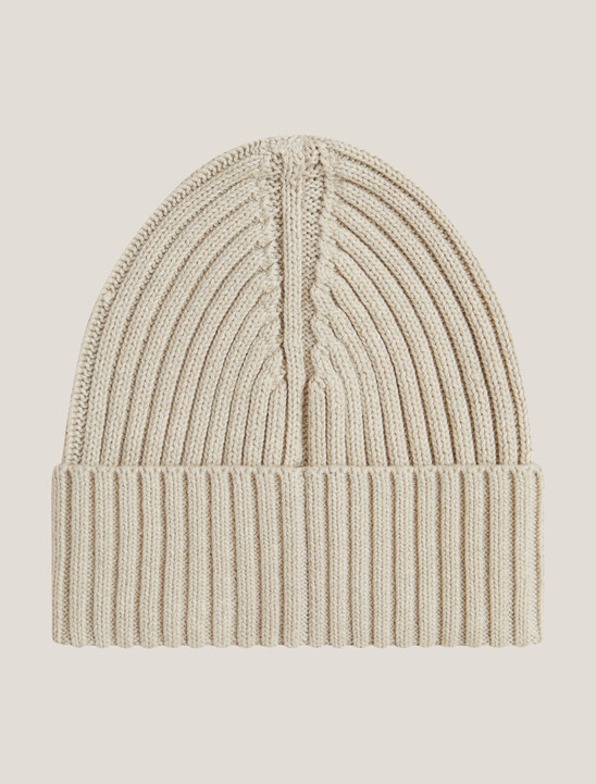 Hilfiger Monotype Rib-Knit Beanie with Wool, Beige Hilfiger Monotype Rib-Knit Beanie with Wool