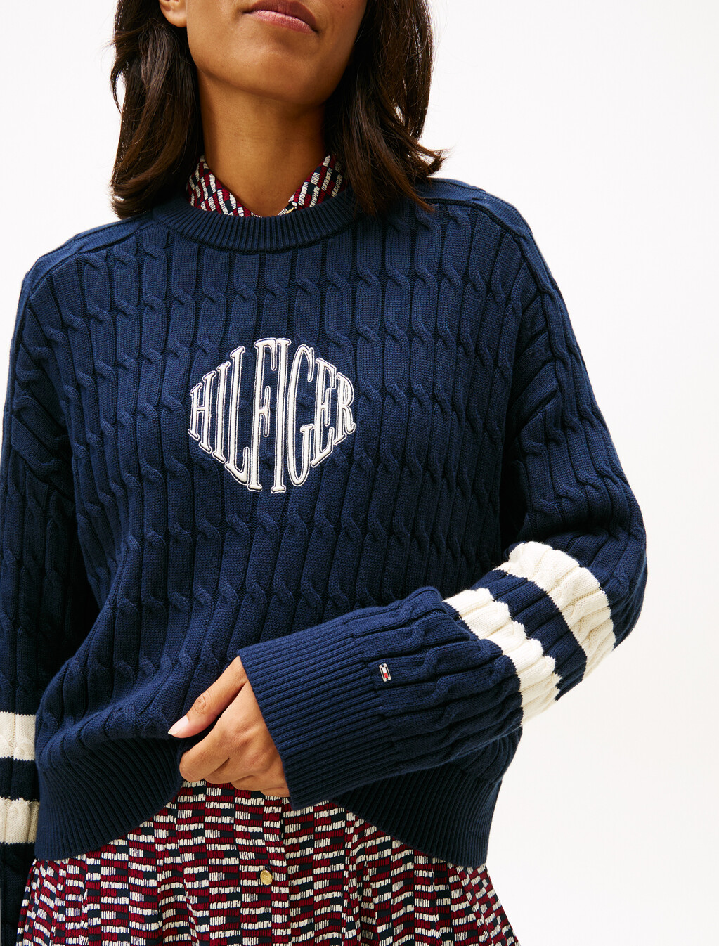 Logo Embroidery Relaxed Cable Knit Jumper, Dark Night Navy, hi-res