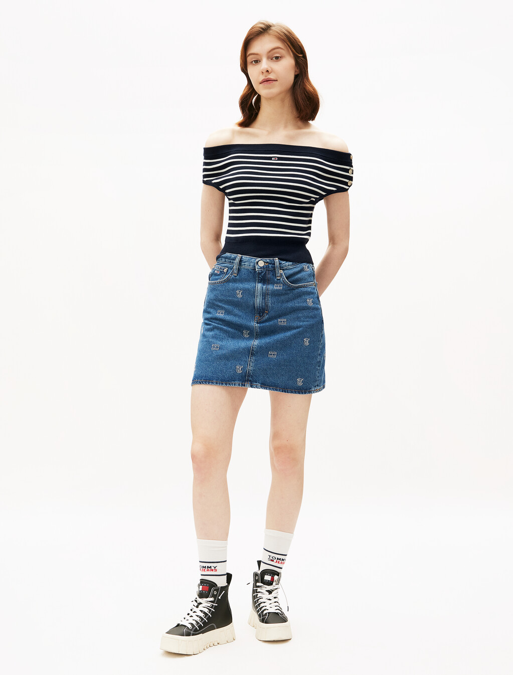 Off-The-Shoulder Cap Sleeve Jumper, Dark Night Navy, hi-res