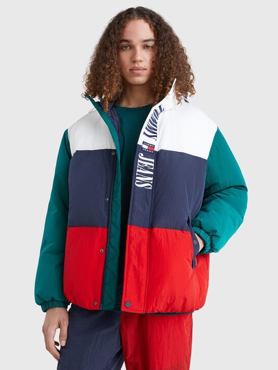 COLOR-BLOCKED OVERSIZED HOODED PUFFER JACKET
