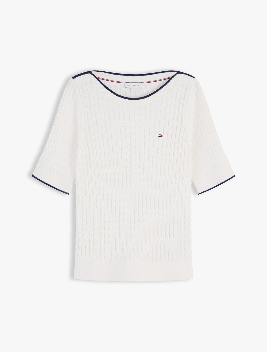 Cable Knit Boat Neck Short Sleeve Jumper, Ivory Petal, hi-res