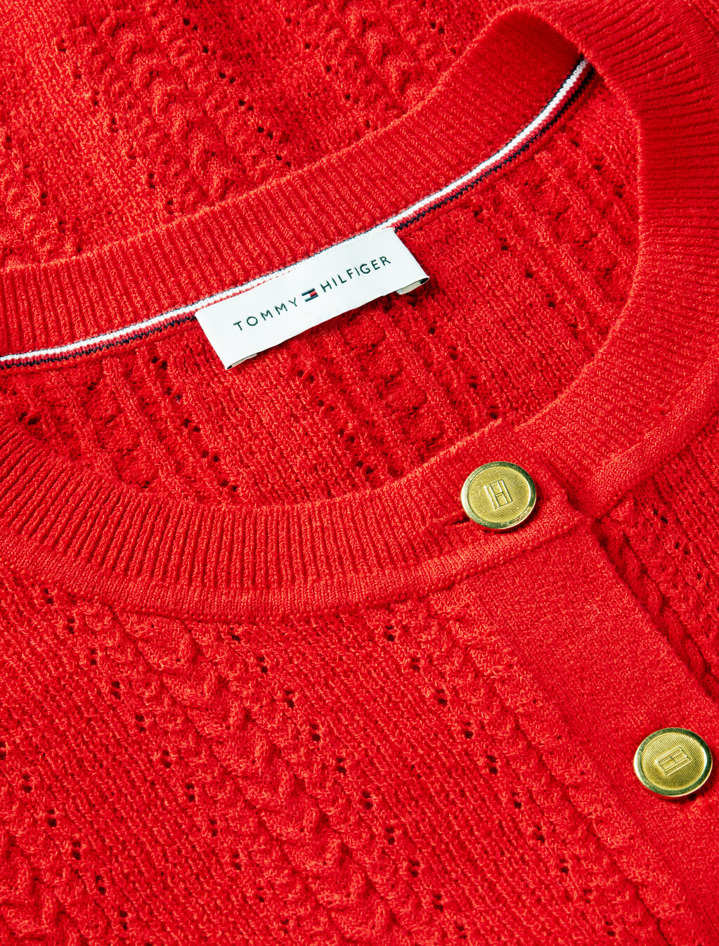 Pointelle Gold-Tone Button Short Sleeve Cardigan, Fire Red, hi-res