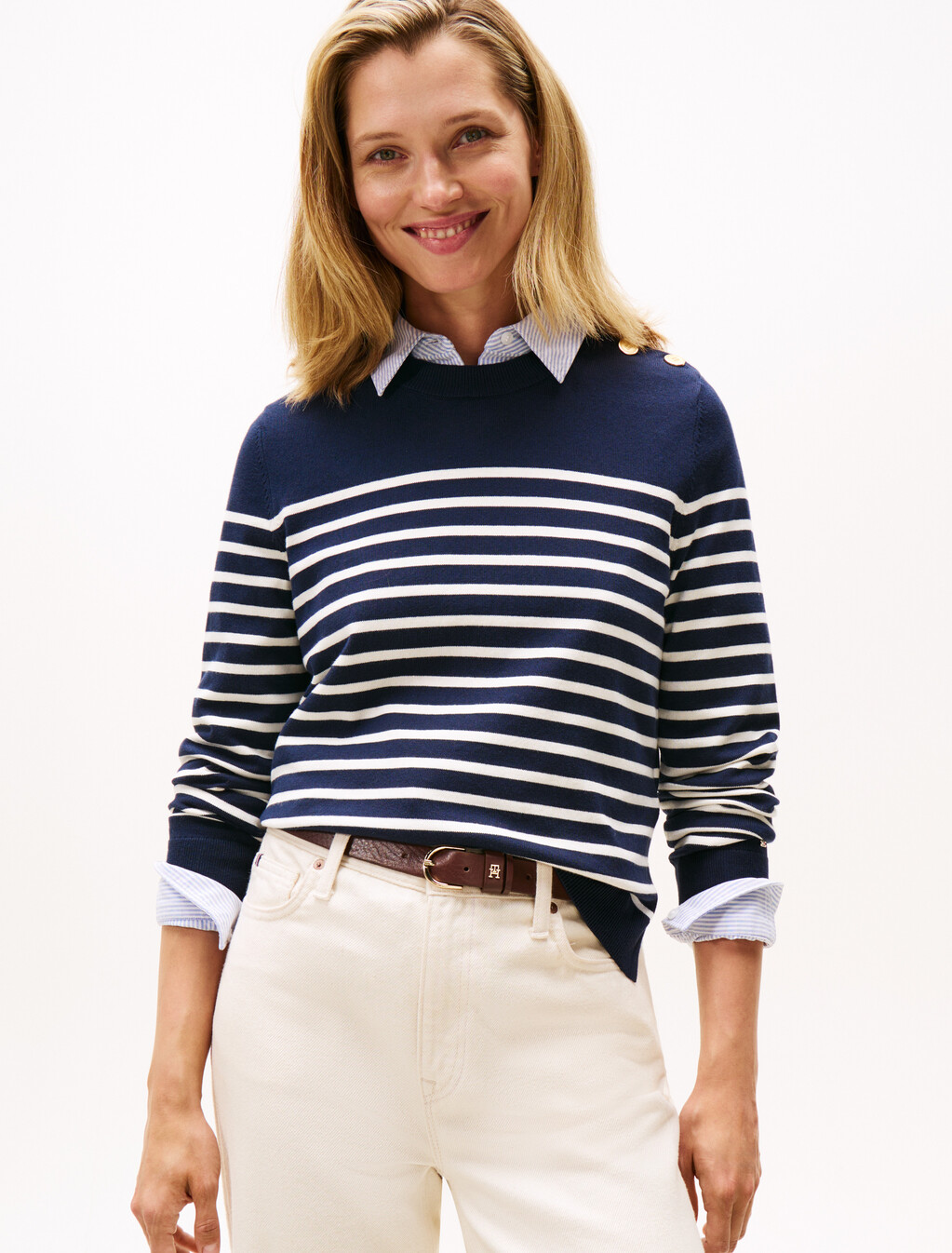 Jersey Gold-Tone Button Jumper, Placed Thin White Stp Sweaters, hi-res