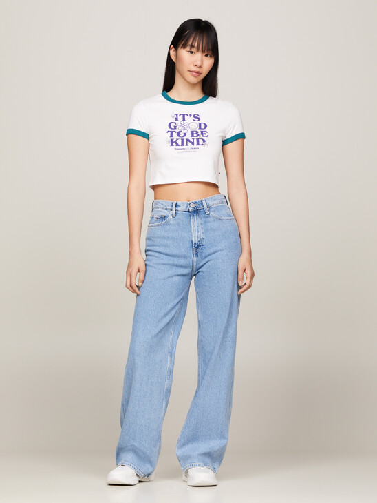 Slim Fit Cropped Slogan T-Shirt