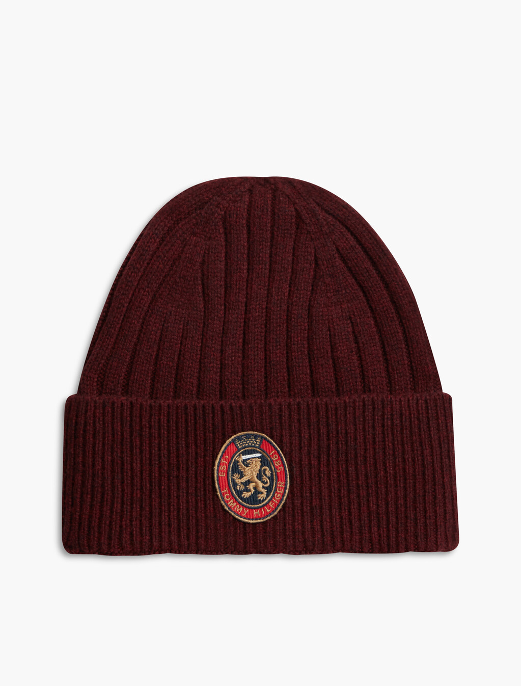 Lambswool Blend Crest Rib-Knit Beanie, Red Wine, hi-res