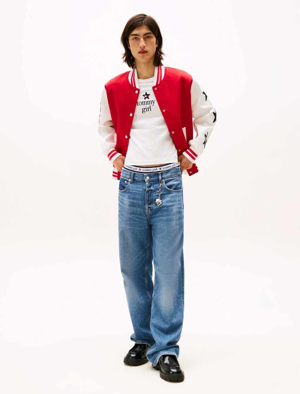 Tommy Girl Back Logo Oversized Varsity Jacket, Primary Red / Ecru, hi-res