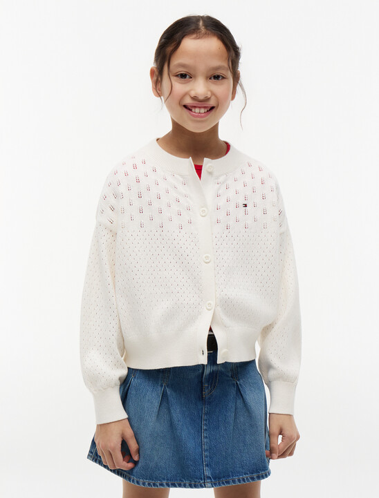Pointelle Relaxed Crew Neck Cardigan