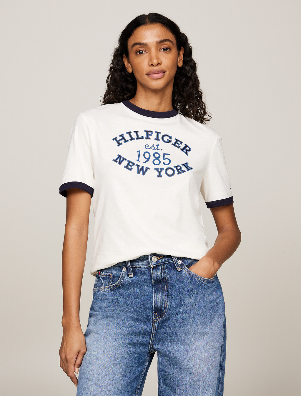 Varsity Logo Contrast Trim T-Shirt, Ancient White, hi-res
