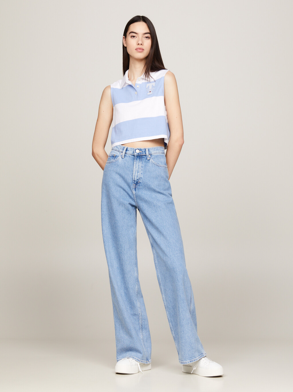 條紋無袖短版 Polo衫, Moderate Blue / Stripe, hi-res