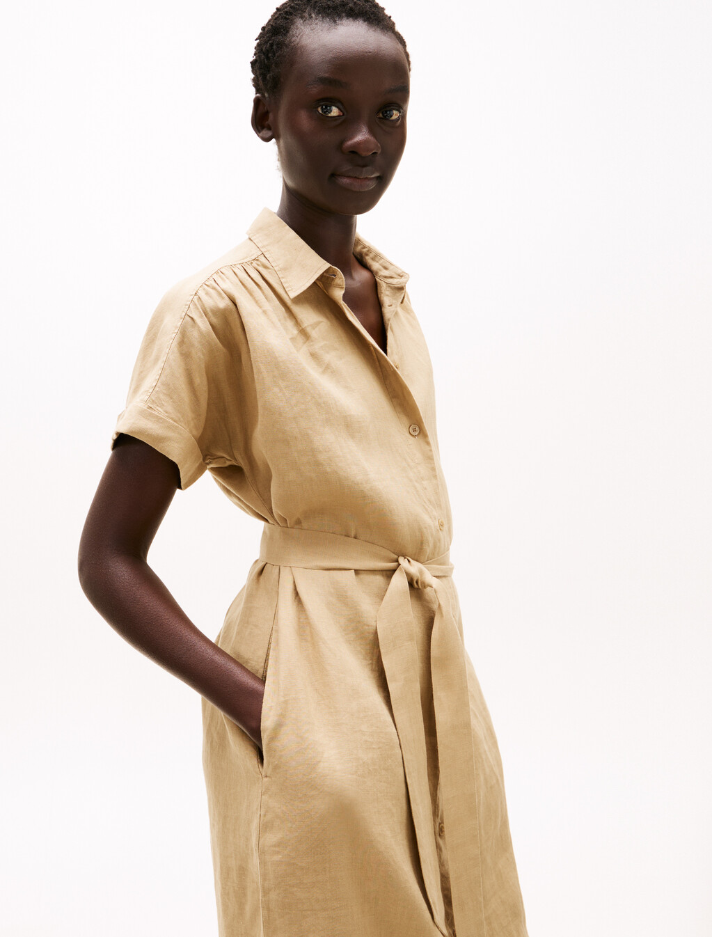 純亞麻中長襯衫連身裙, Camel, hi-res