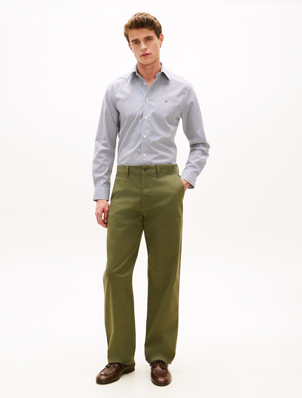 免熨條紋長袖襯衫, Carbon Navy / White, hi-res