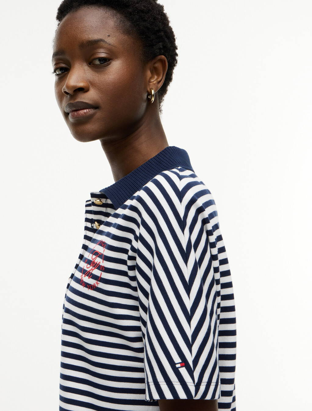 Regular Fit Gold-Tone Button Polo Shirt, Breton Stripe Dark Night Navy/Ecru, hi-res