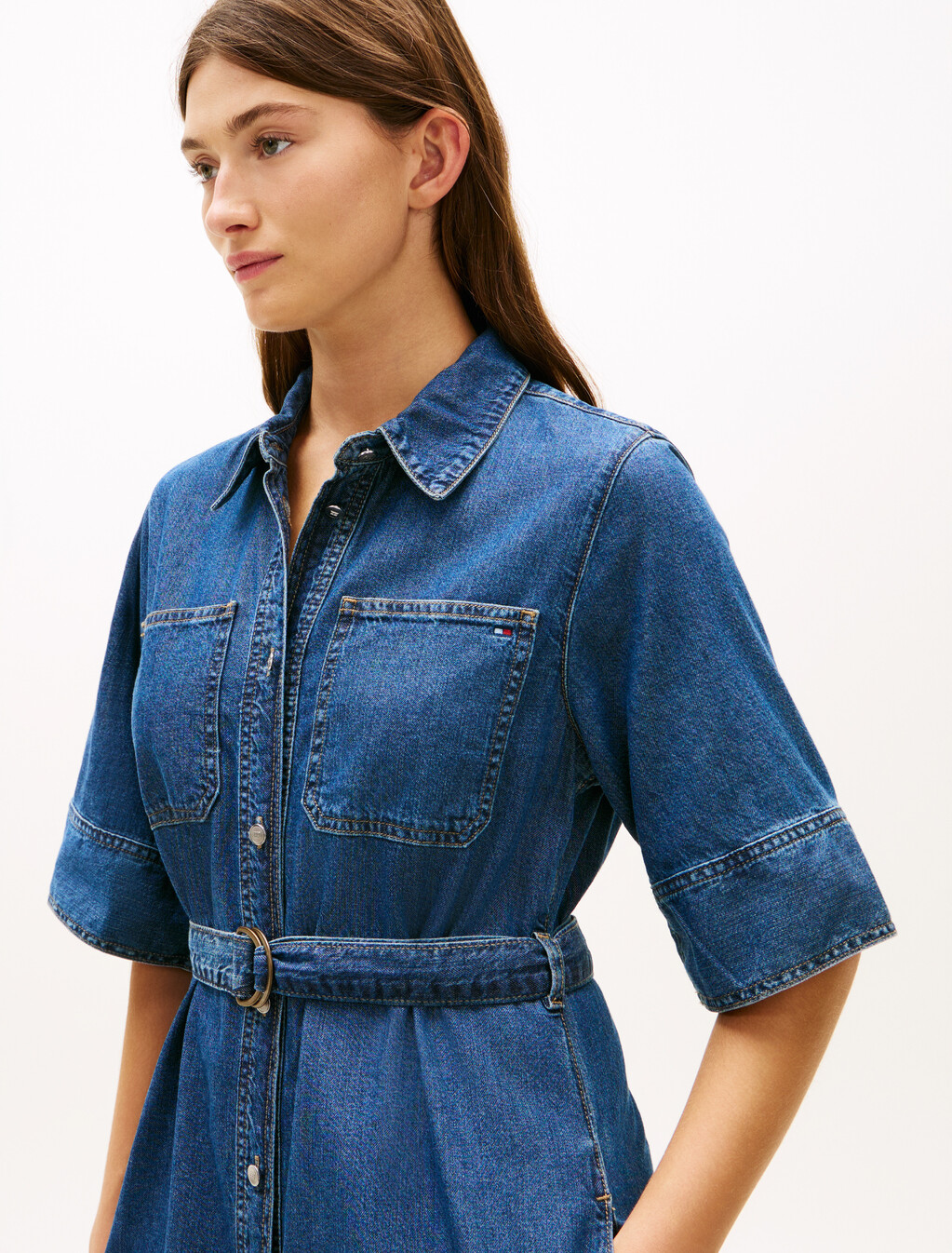Denim Fit & Flare Short Sleeve Dress, Lor, hi-res