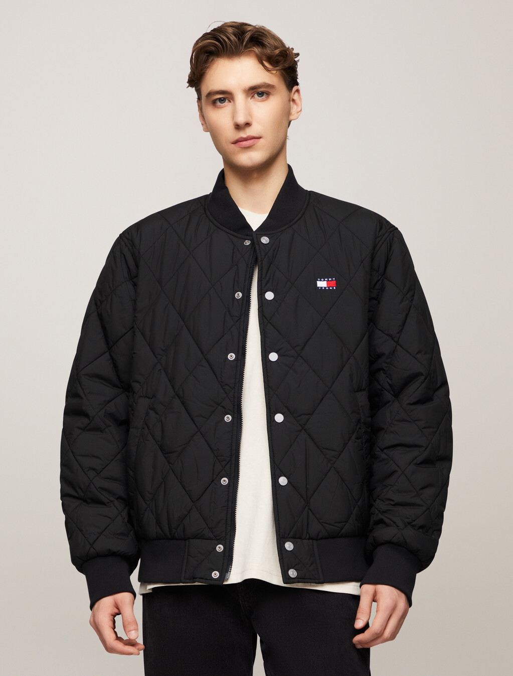Logo Badge Relaxed Quilted Bomber Jacket, Black, hi-res
