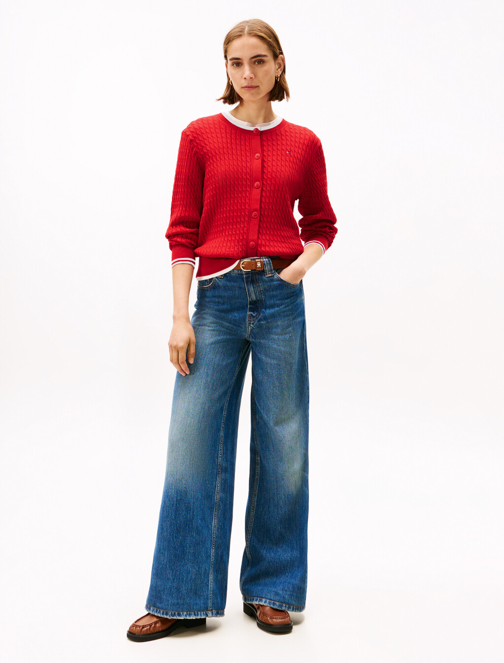 絞花針織圓領開襟外套, Primary Red, hi-res