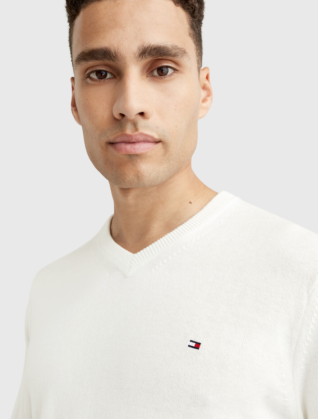 Cotton Cashmere V-Neck Jumper, Ivory, hi-res