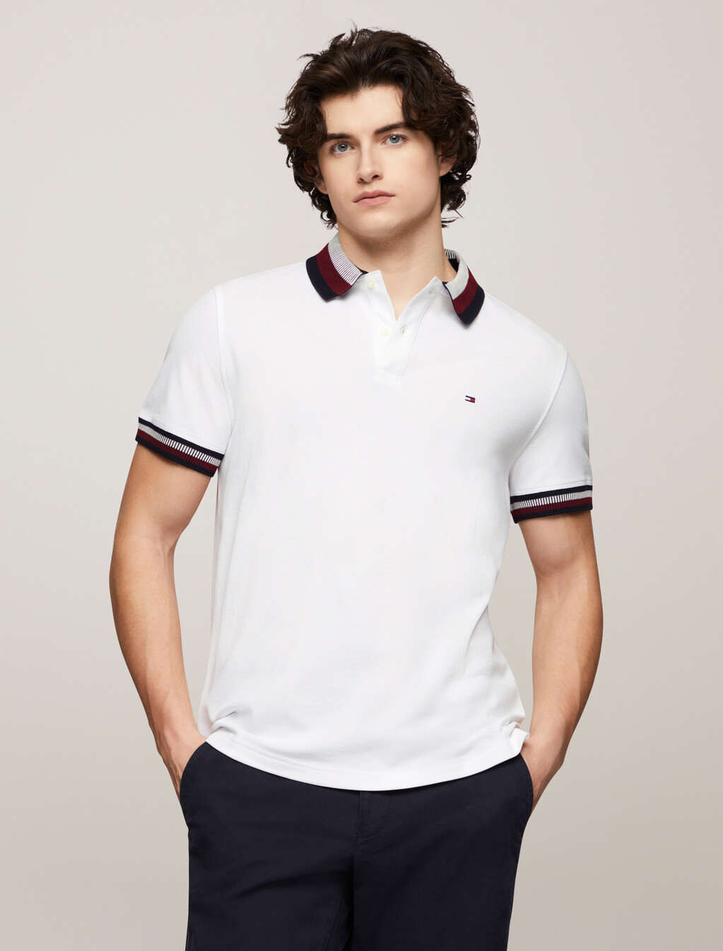 Stripe Collar Polo, White, hi-res