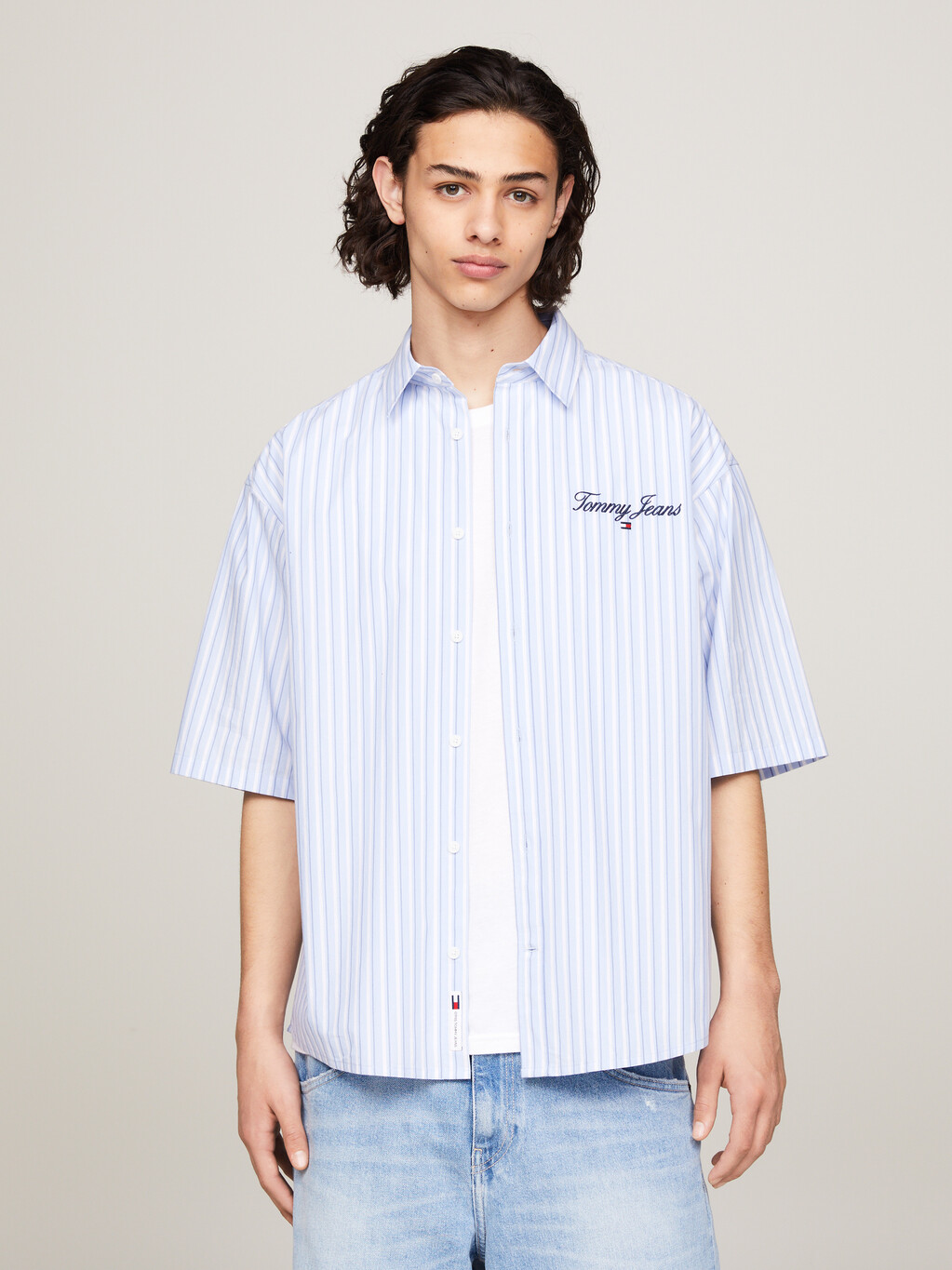 條紋寬鬆短袖襯衫, Moderate Blue Stripe, hi-res