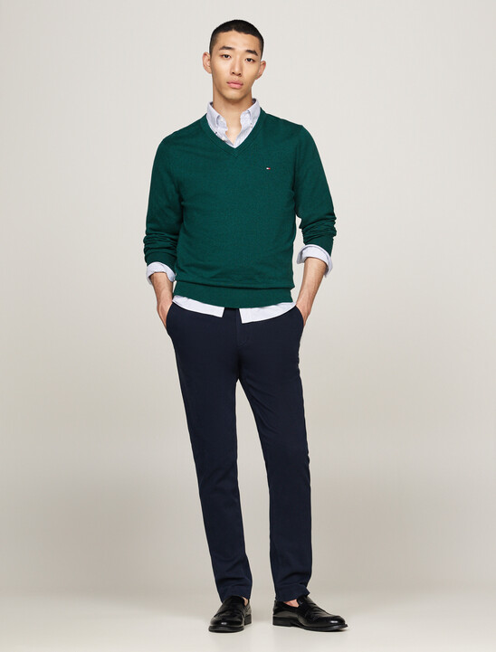 Cotton Cashmere V-Neck Jumper, Ornamental Green Heather Cotton Cashmere V-Neck Jumper