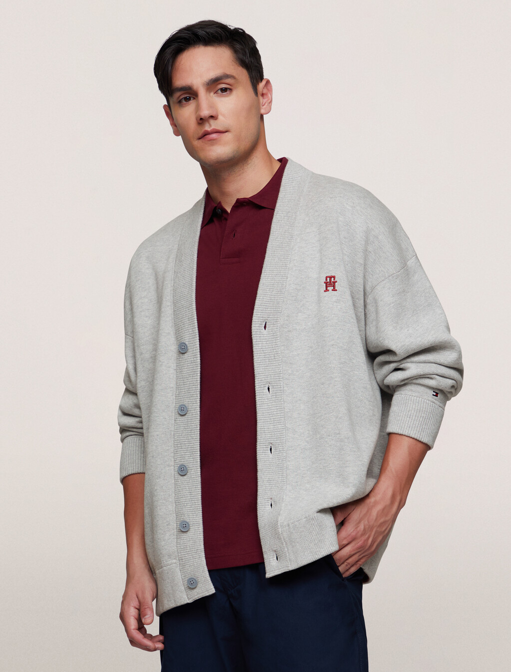 TH Monogram Interlock Cotton Cardigan, Light Grey Heather, hi-res