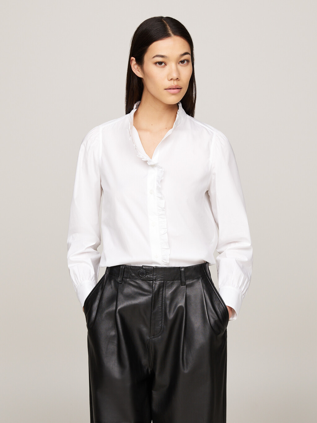 Ruffle Mock Turtleneck Regular Fit Shirt, Th Optic White, hi-res