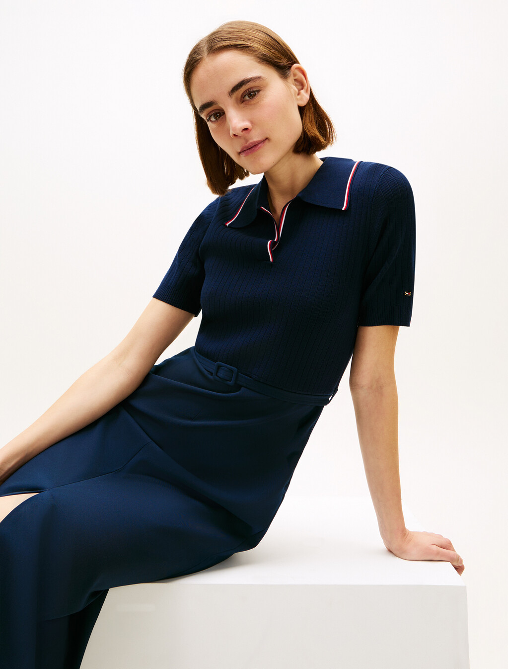 Asia Fit Mixed Media Short Sleeve Dress, Dark Night Navy, hi-res