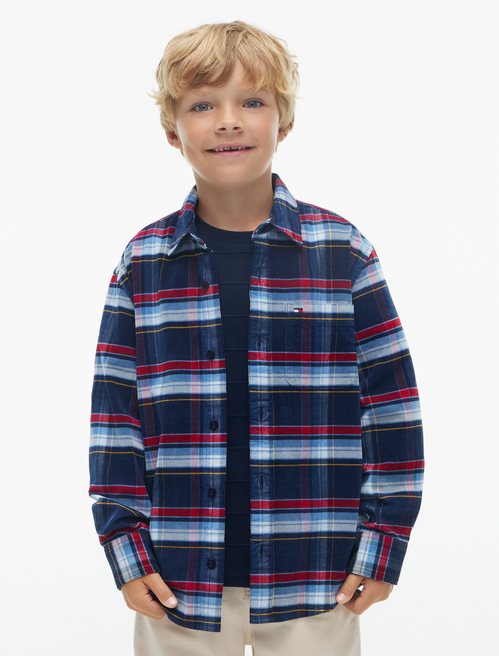 Regular Fit Back Graphic Check Corduroy Shirt, Blue Check 03, hi-res