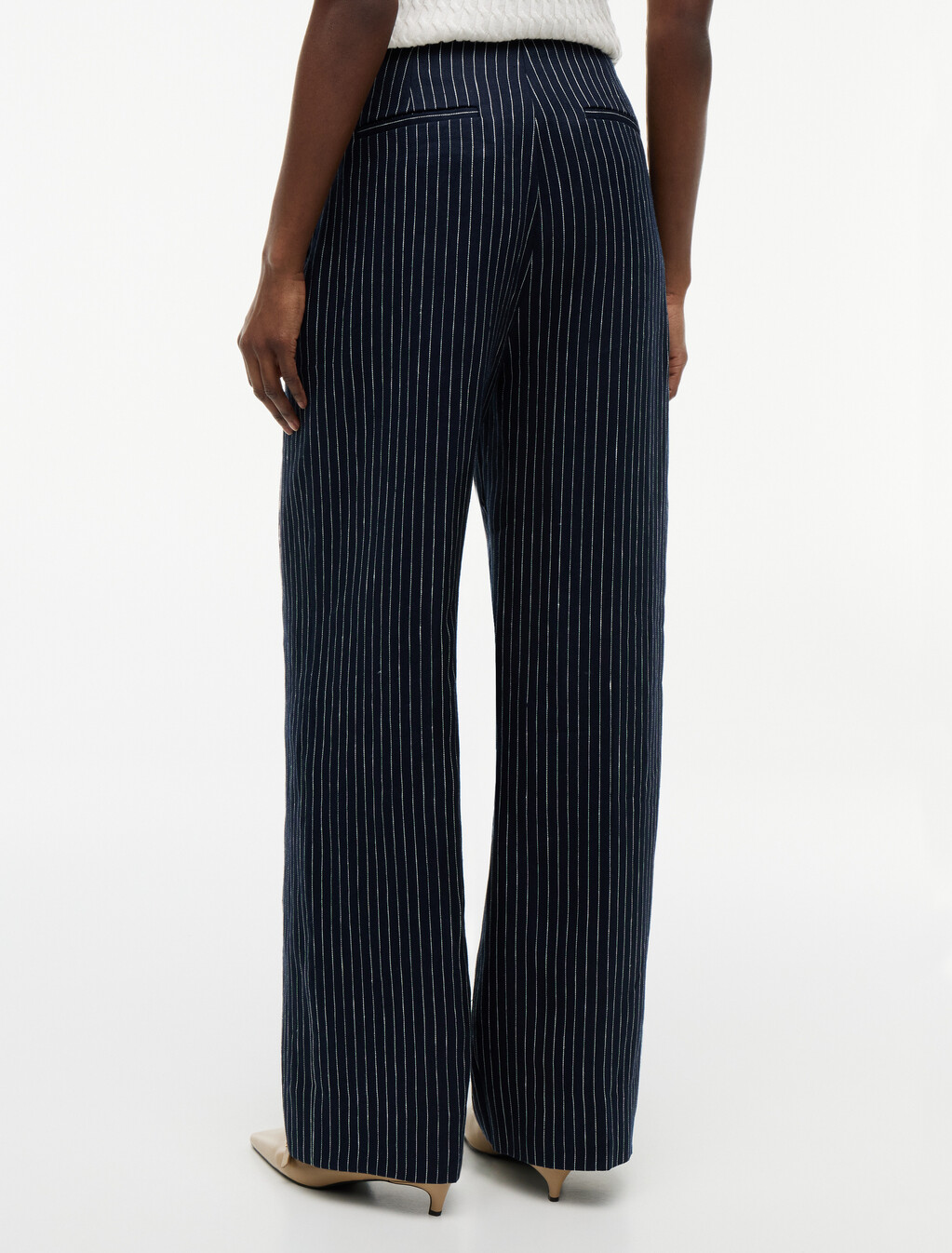 Pinstripe Gold-Tone Button Wide Leg Trousers With Linen, Pin Stripe Navy, hi-res