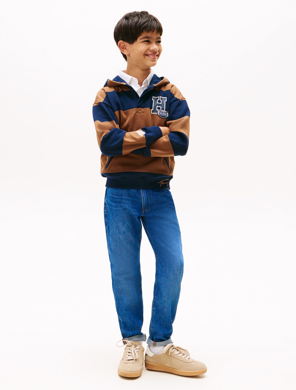Varsity Stripe Concealed Placket Hoody, Pecan Nut Stripe, hi-res