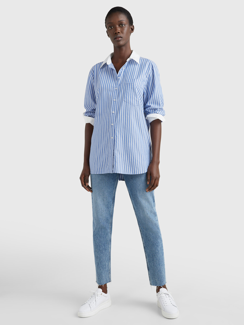 VERTICAL STRIPE OVERSIZED FIT SHIRT, Prep Shirt Stripe /Blue White, hi-res